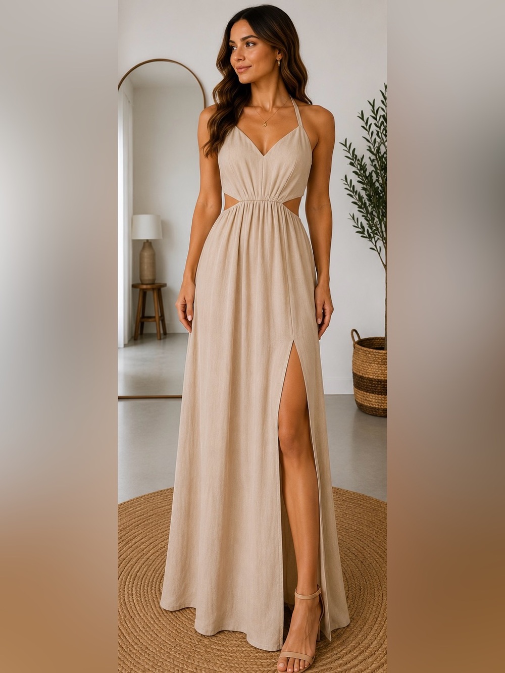 BCBGeneration Halter Cutout Maxi Dress | Beige/Taupe | Size 10 | Like New